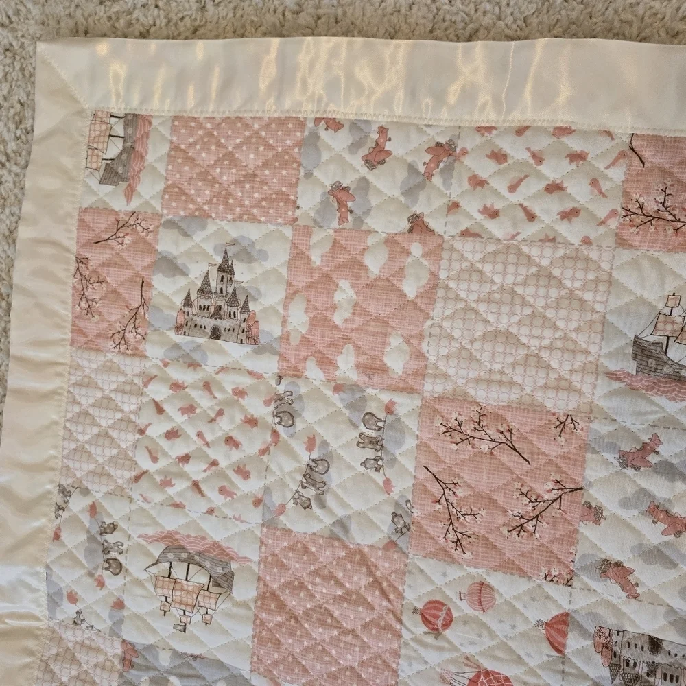 Precious Hand Made Baby Quilt Satin Edge Castles Sailboats Hotair Balloons